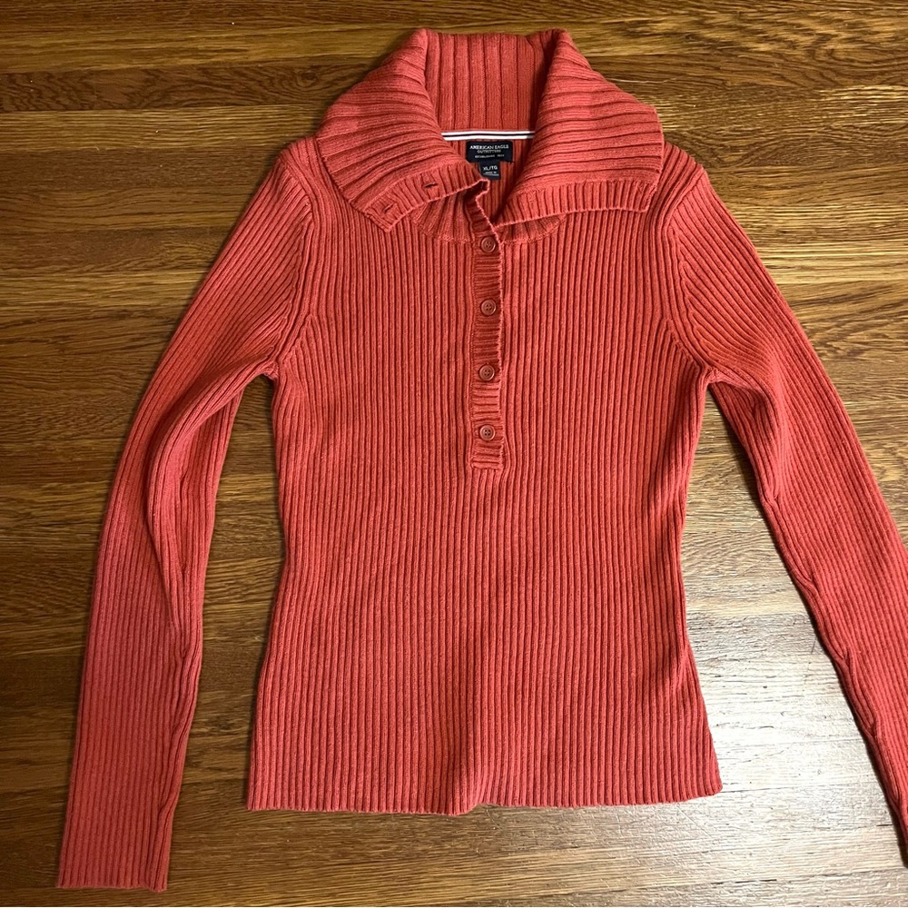 American eagle sweater y2k XL ribbed collared quarter button burnt orange